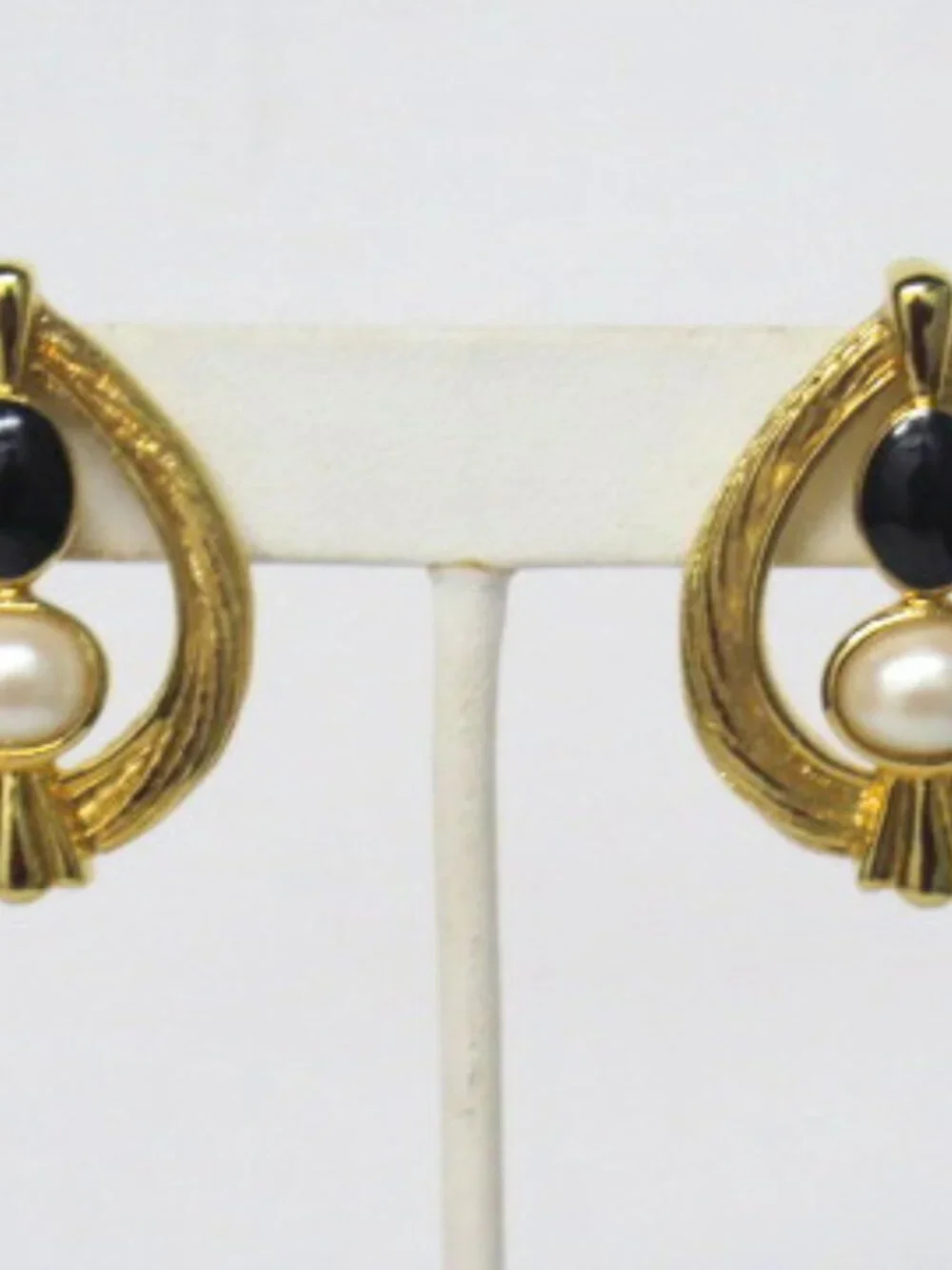 Vintage Gold Tone Black & Faux Pearl Teardrop Statement Earrings